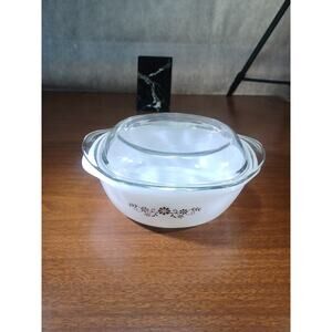 Vintage DYNAWARE PYR-O-REY White / Brown 10" Casserole Dish With Glass Lid